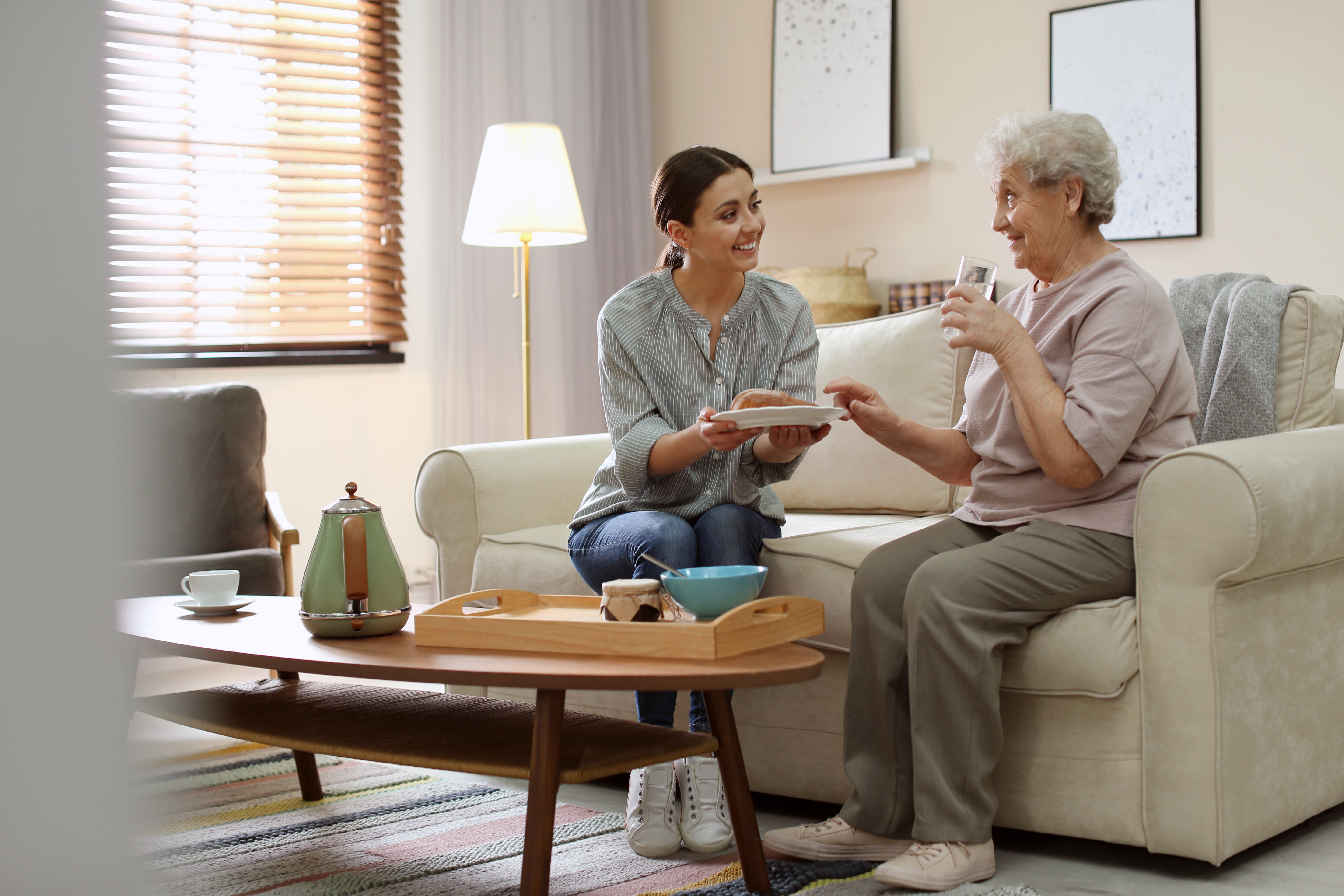 A female caregiver hands a plate to an elderly female patient in her living room.
